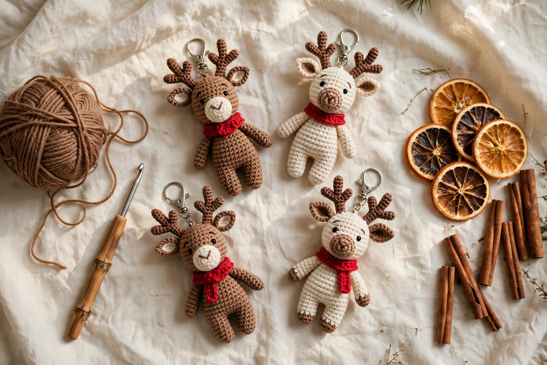 Flat lay of four crocheted reindeer keychains in brown and cream yarn with red scarves, beside yarn, a crochet hook, dried orange slices and cinnamon sticks