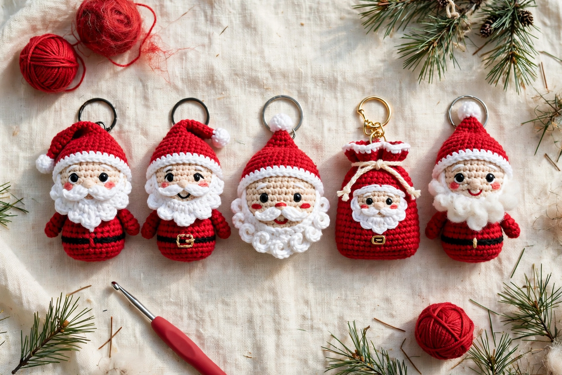 Flat lay of five mini crochet Santa keychains with red yarn balls, a crochet hook and pine sprigs on cream linen