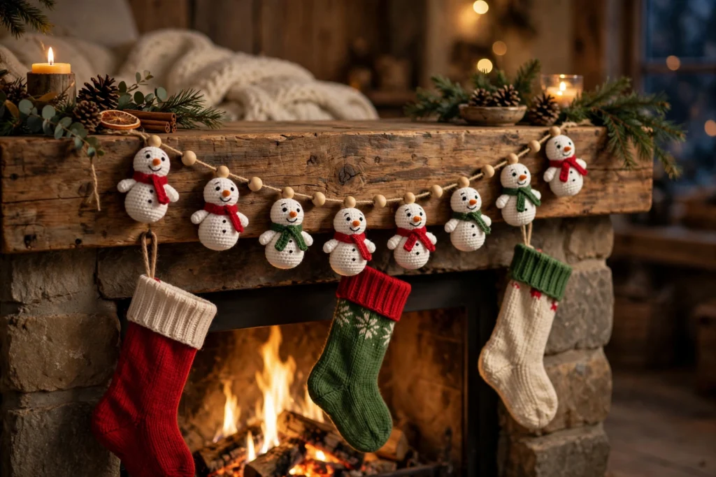Crochet snowman garland with small white snowmen and red scarves hanging on a wooden mantel