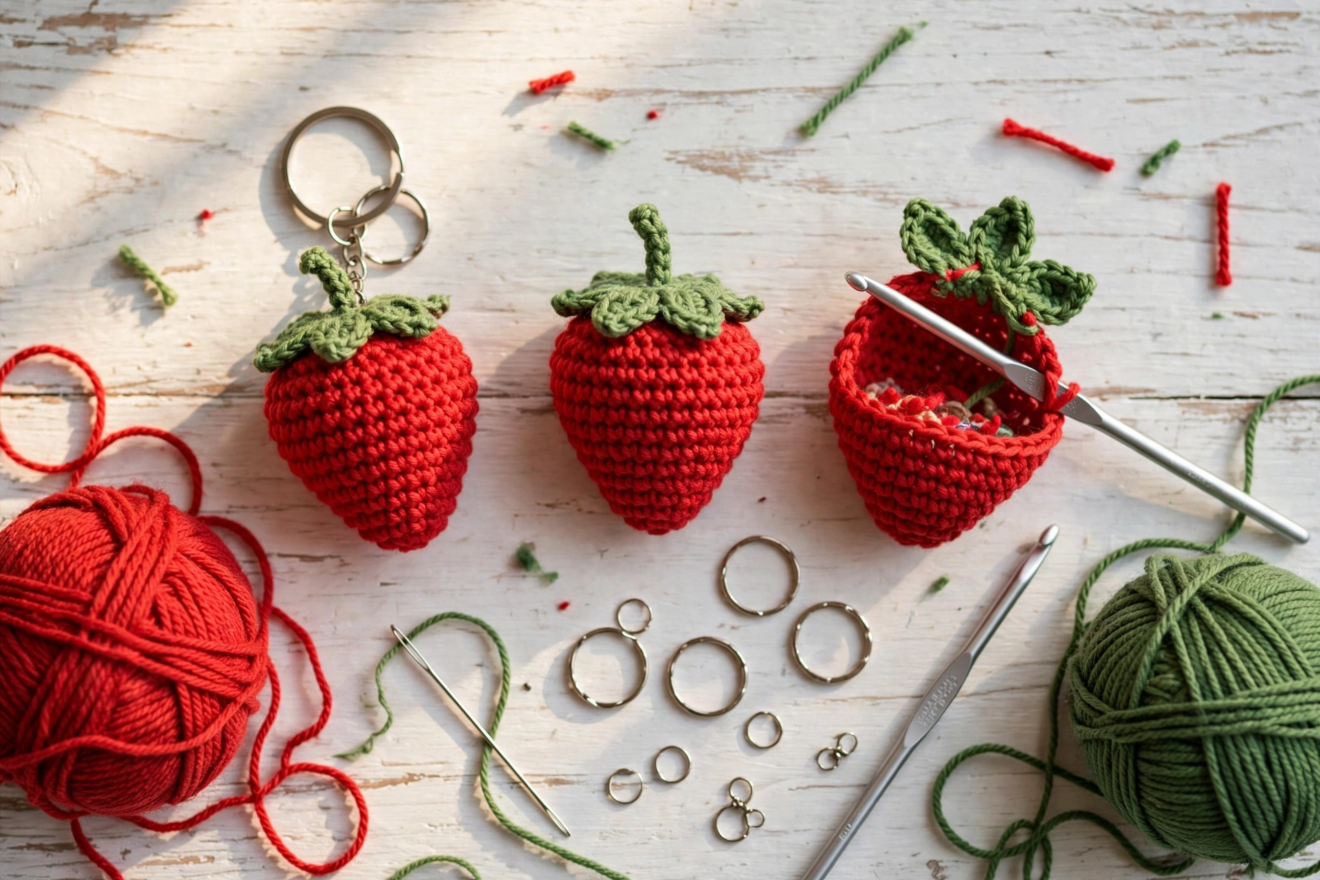 Flat lay of a crocheter's workspace with crocheted strawberry keychains at different stages, red and green yarn balls, a crochet hook and keychain rings