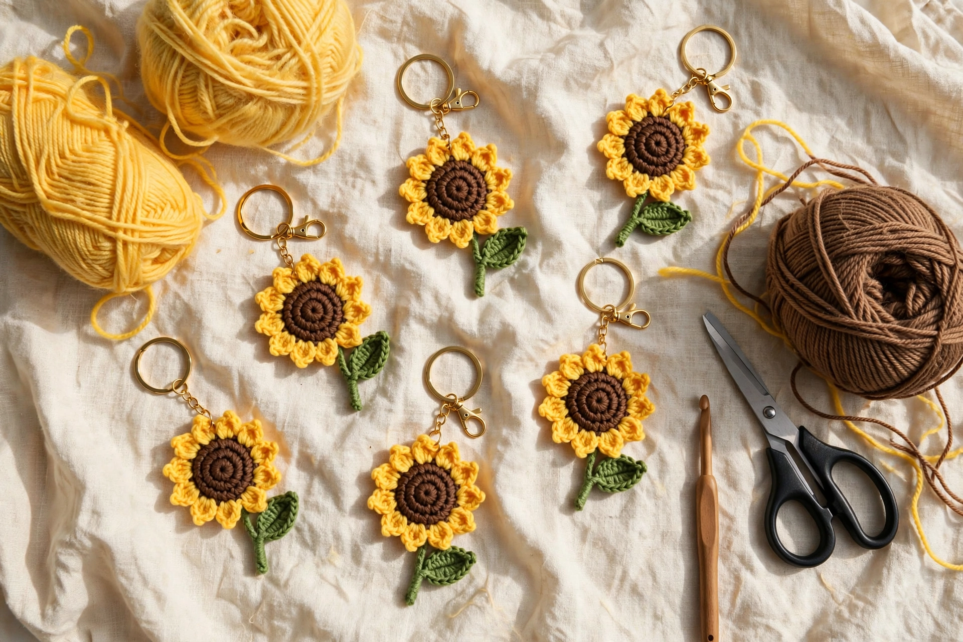 Flat lay of several crochet sunflower keychains in yellow, brown, and green yarn on cream linen with yarn skeins and a crochet hook