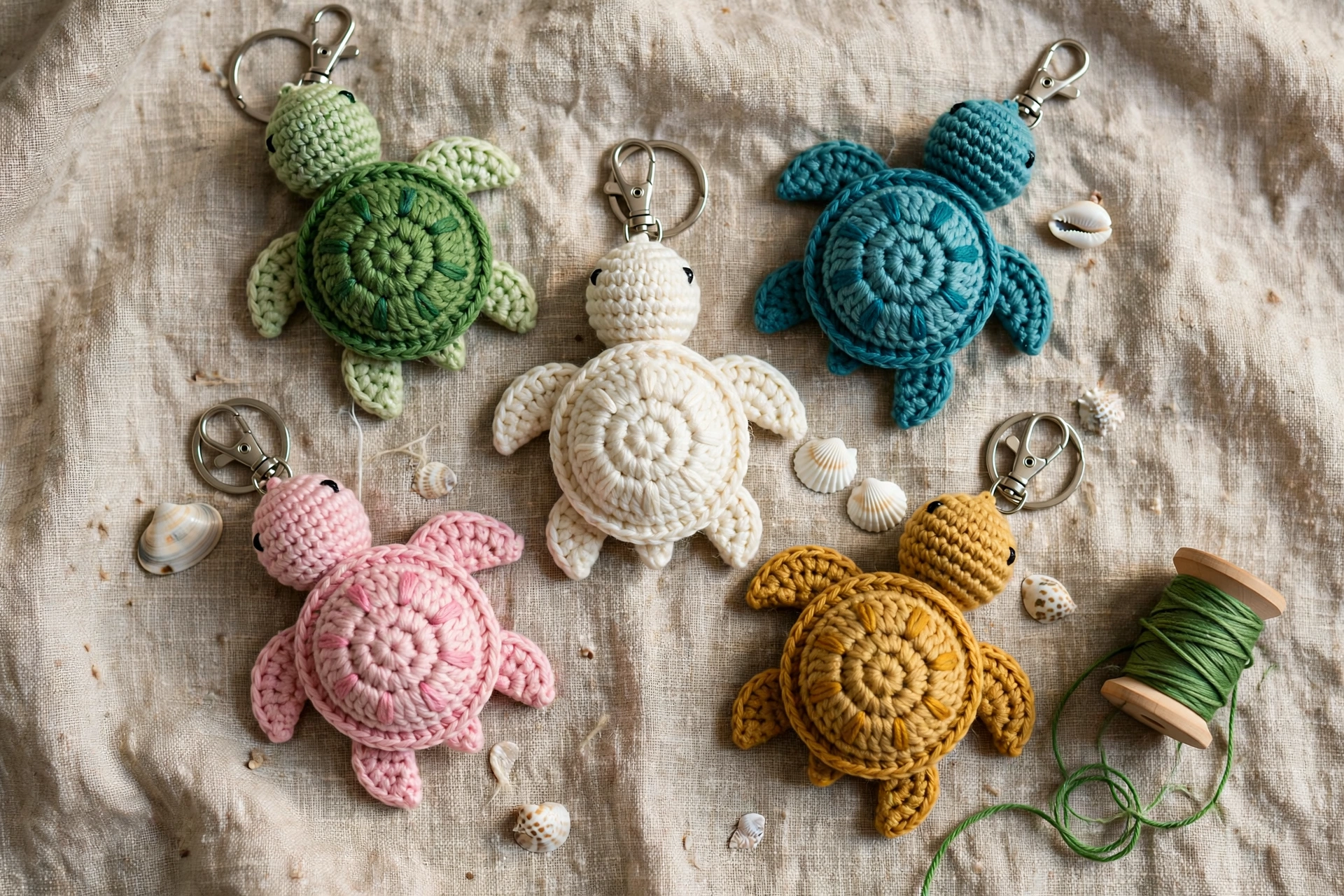 Flat lay of five crochet turtle keychains in green, teal, cream, pink and mustard yarn on linen fabric