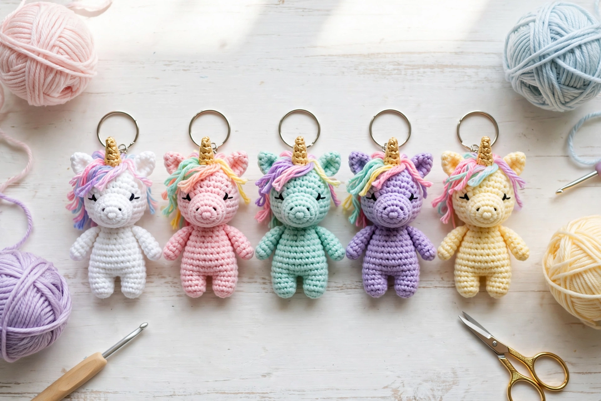 Flat lay of five tiny pastel crochet unicorn keychains in white, pink, mint, lavender and yellow with yarn balls, scissors and crochet hooks.