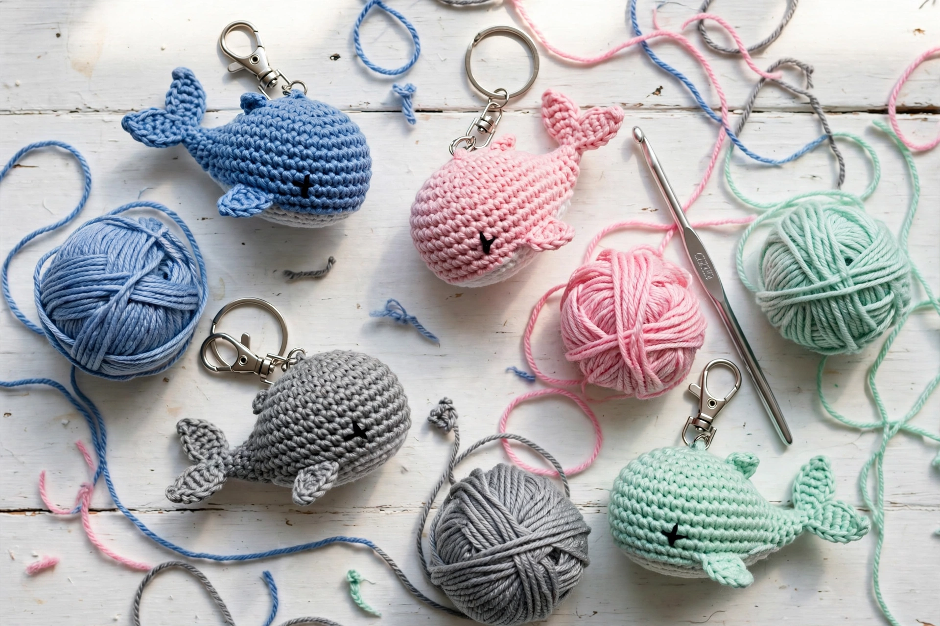 Flat lay of crochet whale keychains with yarn and a crochet hook