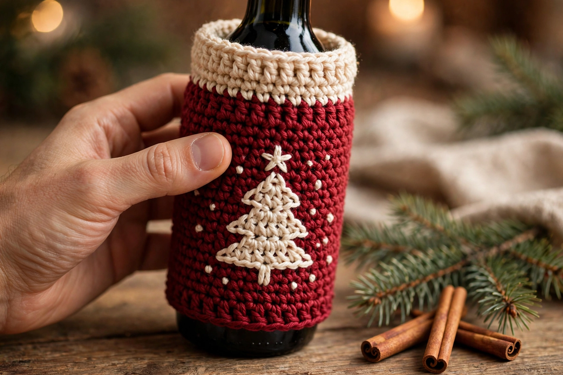 A hand holding a crocheted wine bottle cozy in deep red and cream yarn with an embroidered Christmas tree motif, styled with pine branches and cinnamon sticks.