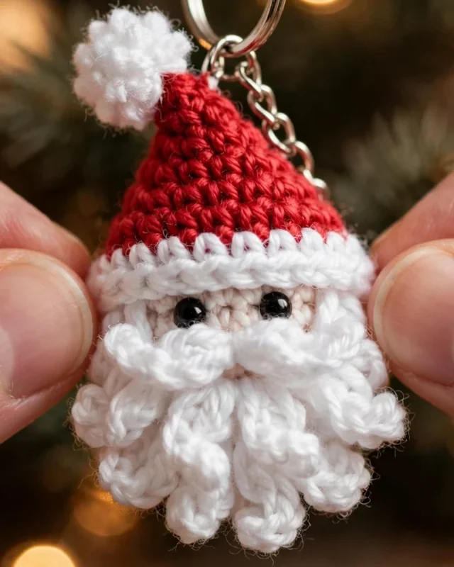 Close-up of a small crocheted Santa Claus face keychain with layered white beard and red hat on a silver keyring