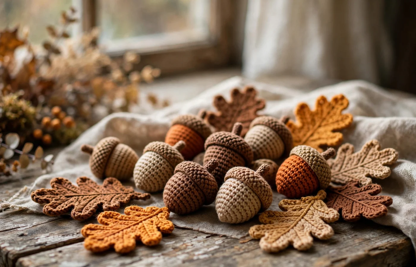 Hand-crocheted acorns and oak leaves arranged on a wooden table in autumn colors
