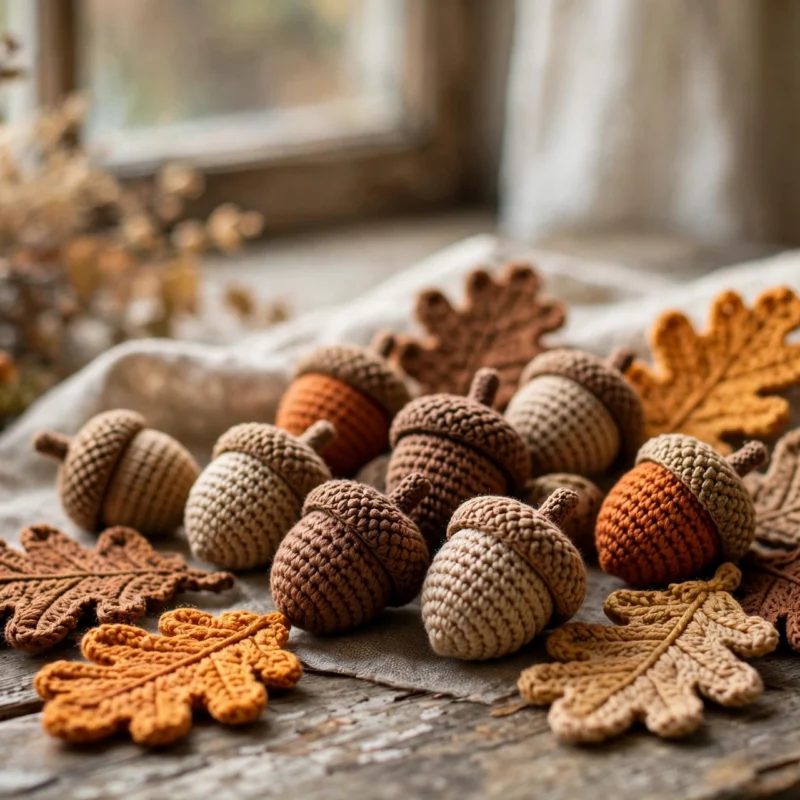 Hand-crocheted acorns and oak leaves arranged on a wooden table in autumn colors