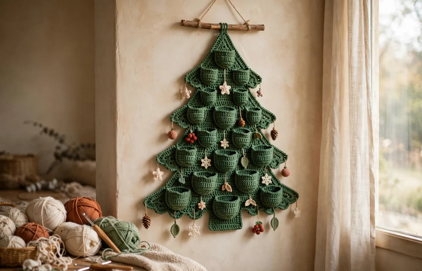 Handmade crochet advent calendar wall hanging with a green Christmas tree panel, small pockets and tiny crochet ornaments