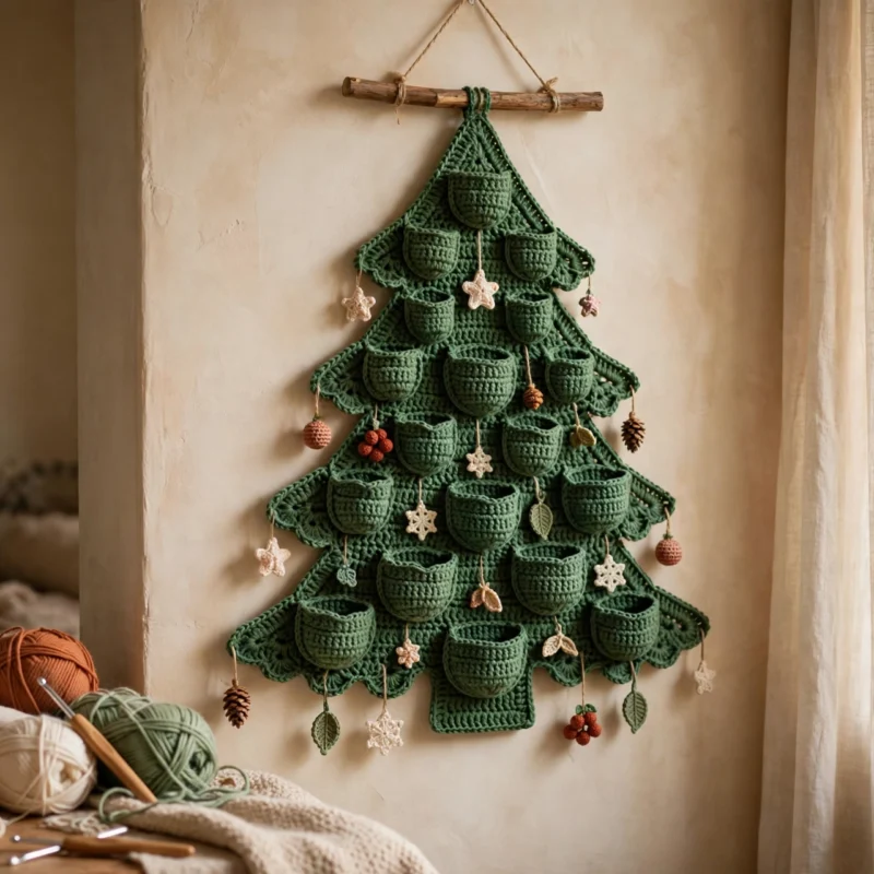 Handmade crochet advent calendar wall hanging with a green Christmas tree panel, small pockets and tiny crochet ornaments