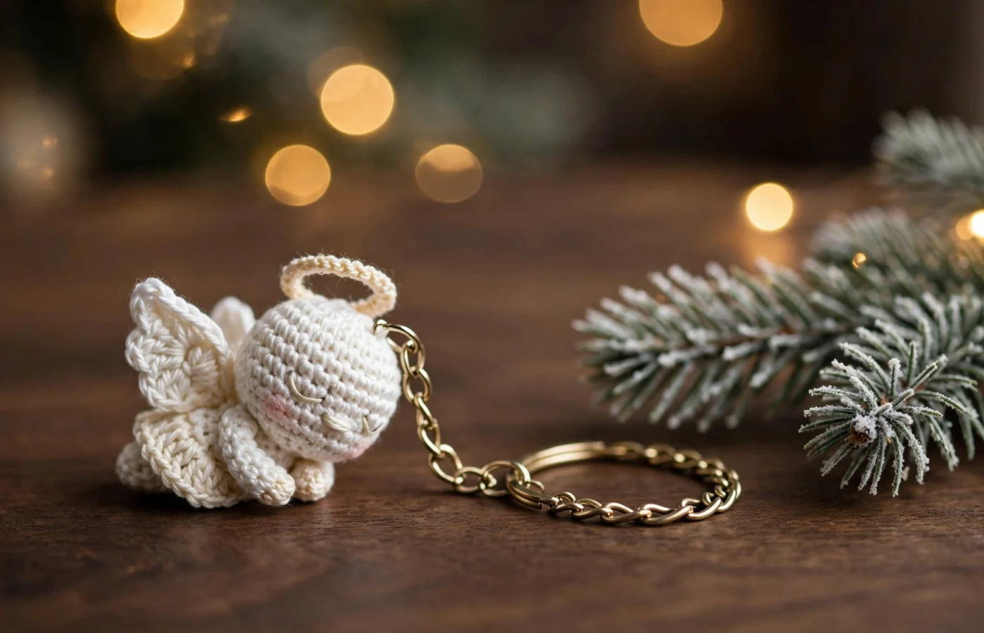 A small white crochet angel keychain with a golden halo and a gold chain lying on a dark wooden table beside a frosted pine branch, with warm bokeh Christmas lights in the background.