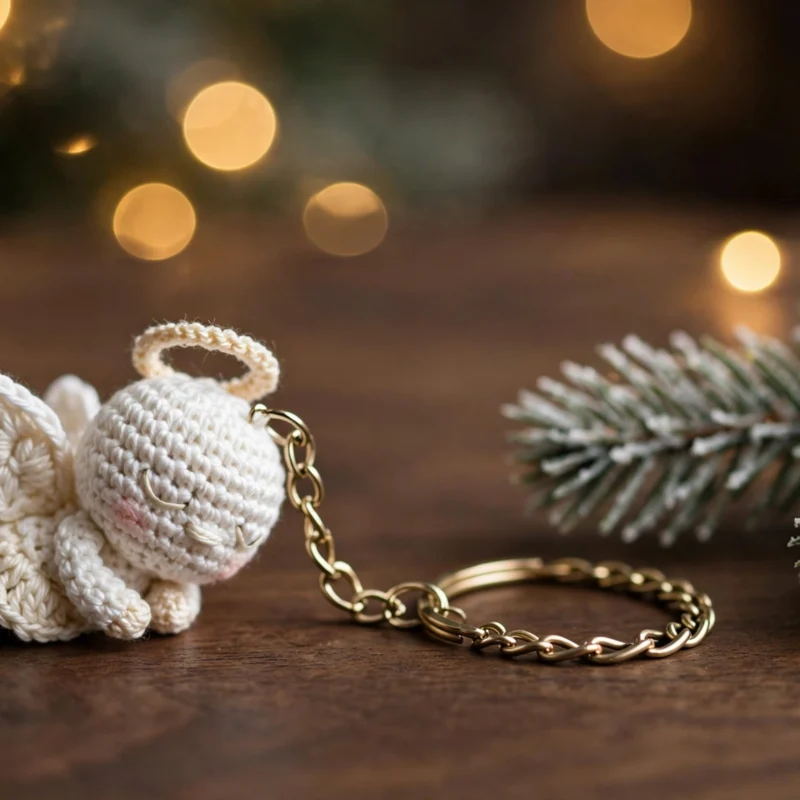 A small white crochet angel keychain with a golden halo and a gold chain lying on a dark wooden table beside a frosted pine branch, with warm bokeh Christmas lights in the background.