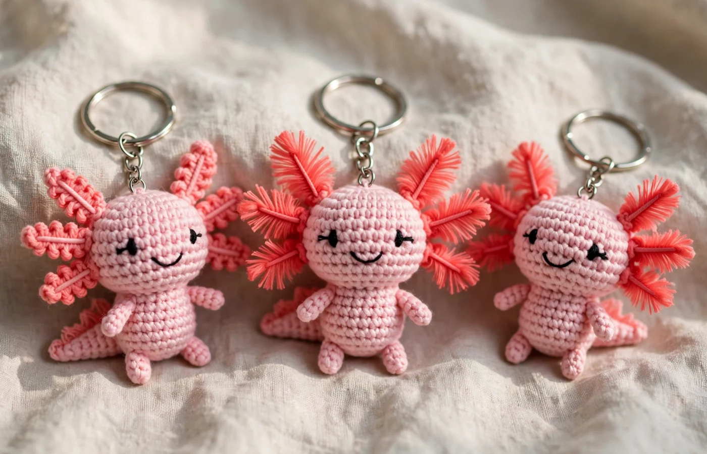 Three pink crochet axolotl keychains with coral gills and embroidered smiles on metal keyrings, arranged on linen fabric