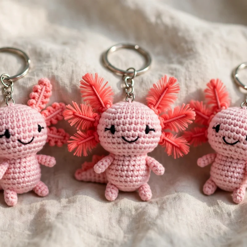 Three pink crochet axolotl keychains with coral gills and embroidered smiles on metal keyrings, arranged on linen fabric