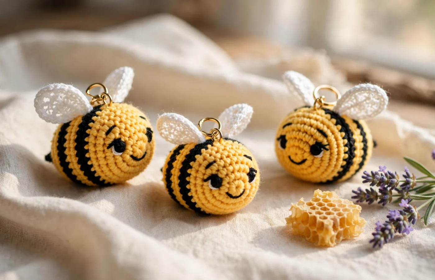 Three round crocheted bee keychains with yellow and black stripes and white wings on cream fabric