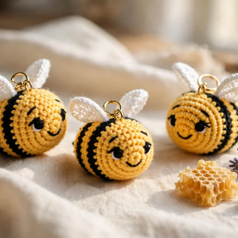 Three round crocheted bee keychains with yellow and black stripes and white wings on cream fabric
