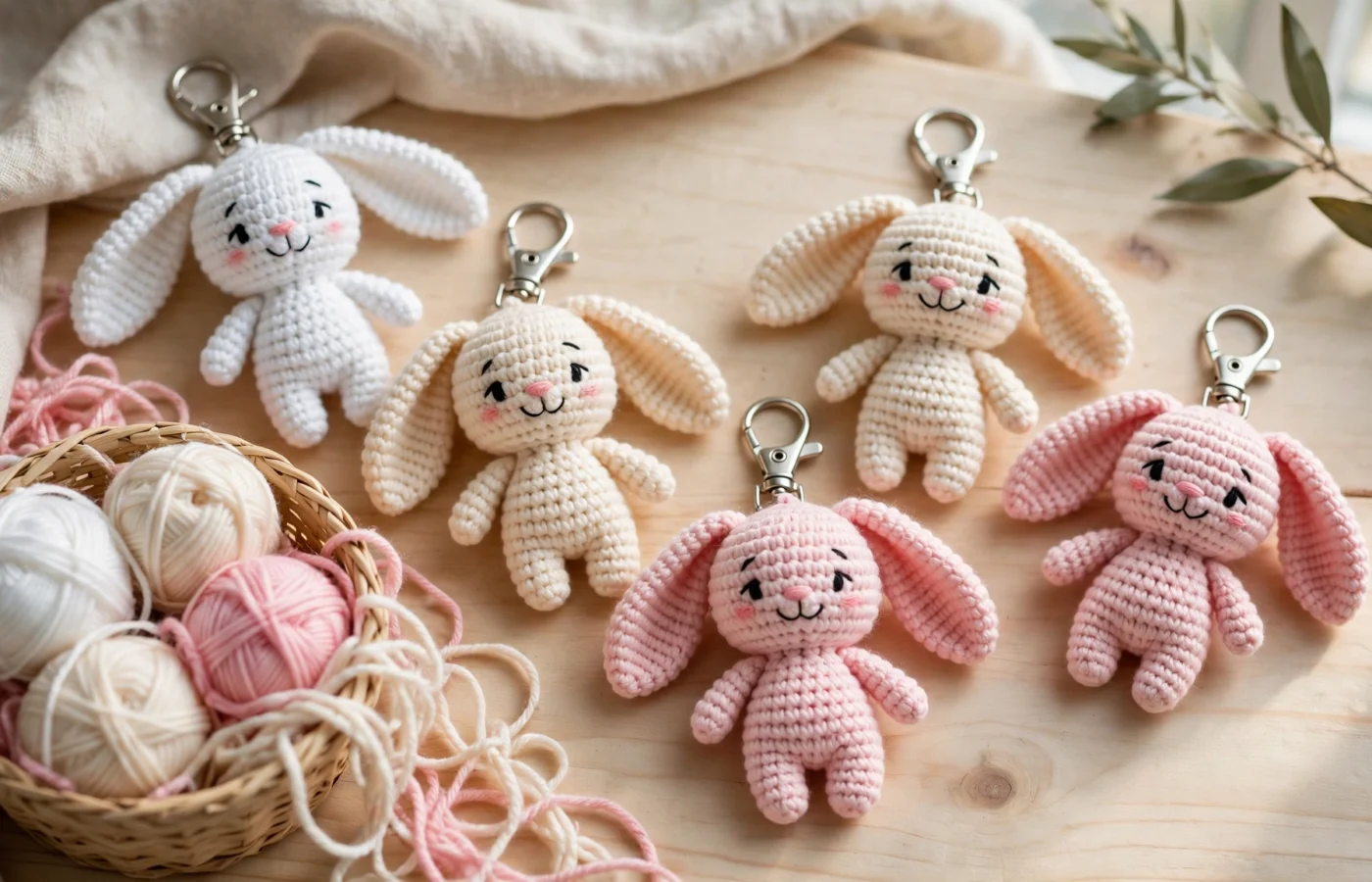 Several small crochet bunny keychains in white, cream and soft pink yarn with long ears on a wooden surface