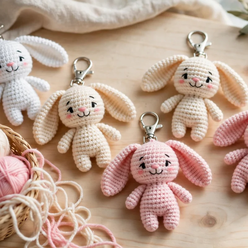 Several small crochet bunny keychains in white, cream and soft pink yarn with long ears on a wooden surface