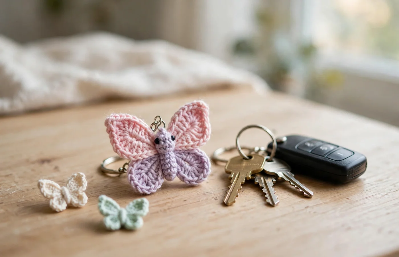 Pink and lavender crochet butterfly keychain beside keys on a wooden table, with two tiny crochet butterflies nearby