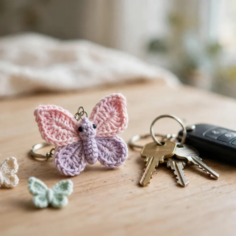 Pink and lavender crochet butterfly keychain beside keys on a wooden table, with two tiny crochet butterflies nearby