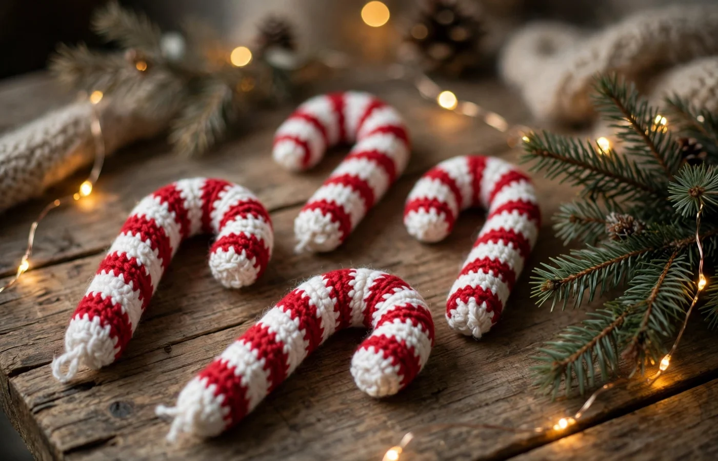 Red and white crochet candy canes on a wooden surface with pine branches and fairy lights