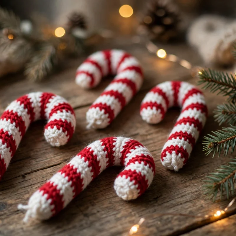 Red and white crochet candy canes on a wooden surface with pine branches and fairy lights