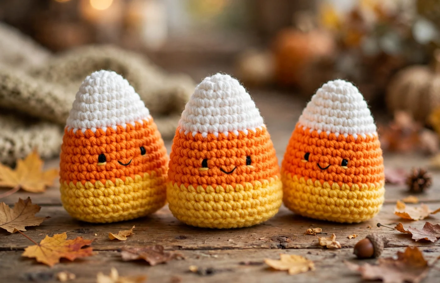 Three handmade crocheted candy corn amigurumi with smiling faces on a wooden table with autumn leaves