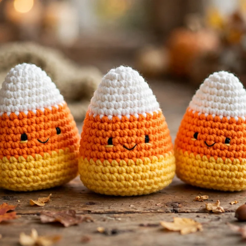 Three handmade crocheted candy corn amigurumi with smiling faces on a wooden table with autumn leaves