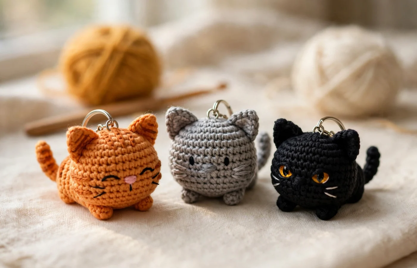 Three mini crochet cat keychain charms — orange tabby, grey, and black cat — with silver key rings on cream linen with yarn balls and a crochet hook