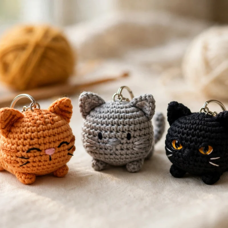 Three mini crochet cat keychain charms — orange tabby, grey, and black cat — with silver key rings on cream linen with yarn balls and a crochet hook