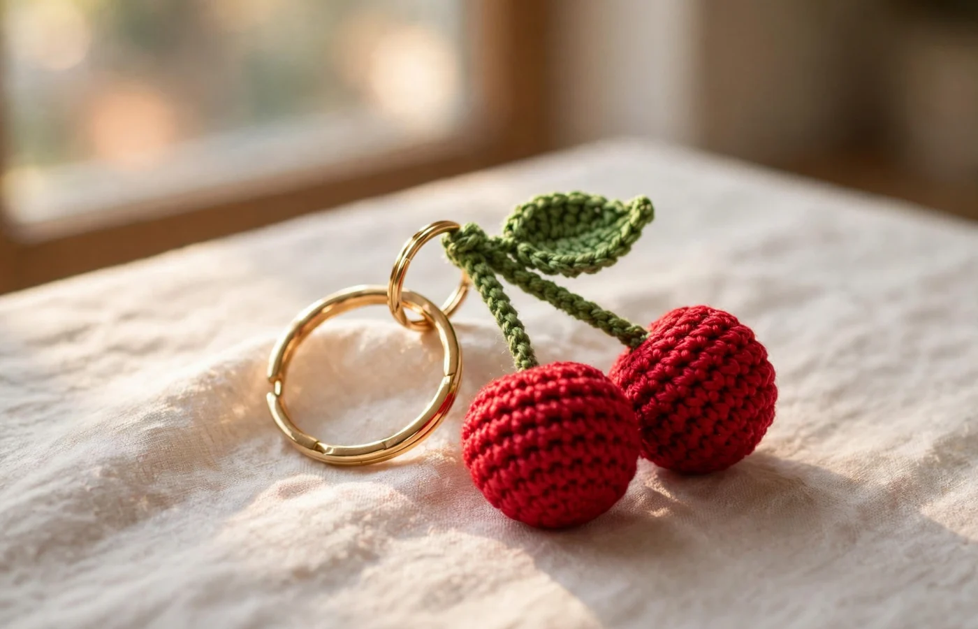 Two red crochet cherry keychains with green stems and a leaf on a gold split ring on linen cloth