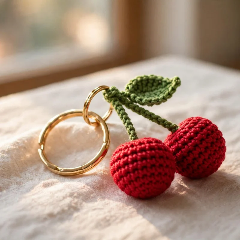 Two red crochet cherry keychains with green stems and a leaf on a gold split ring on linen cloth
