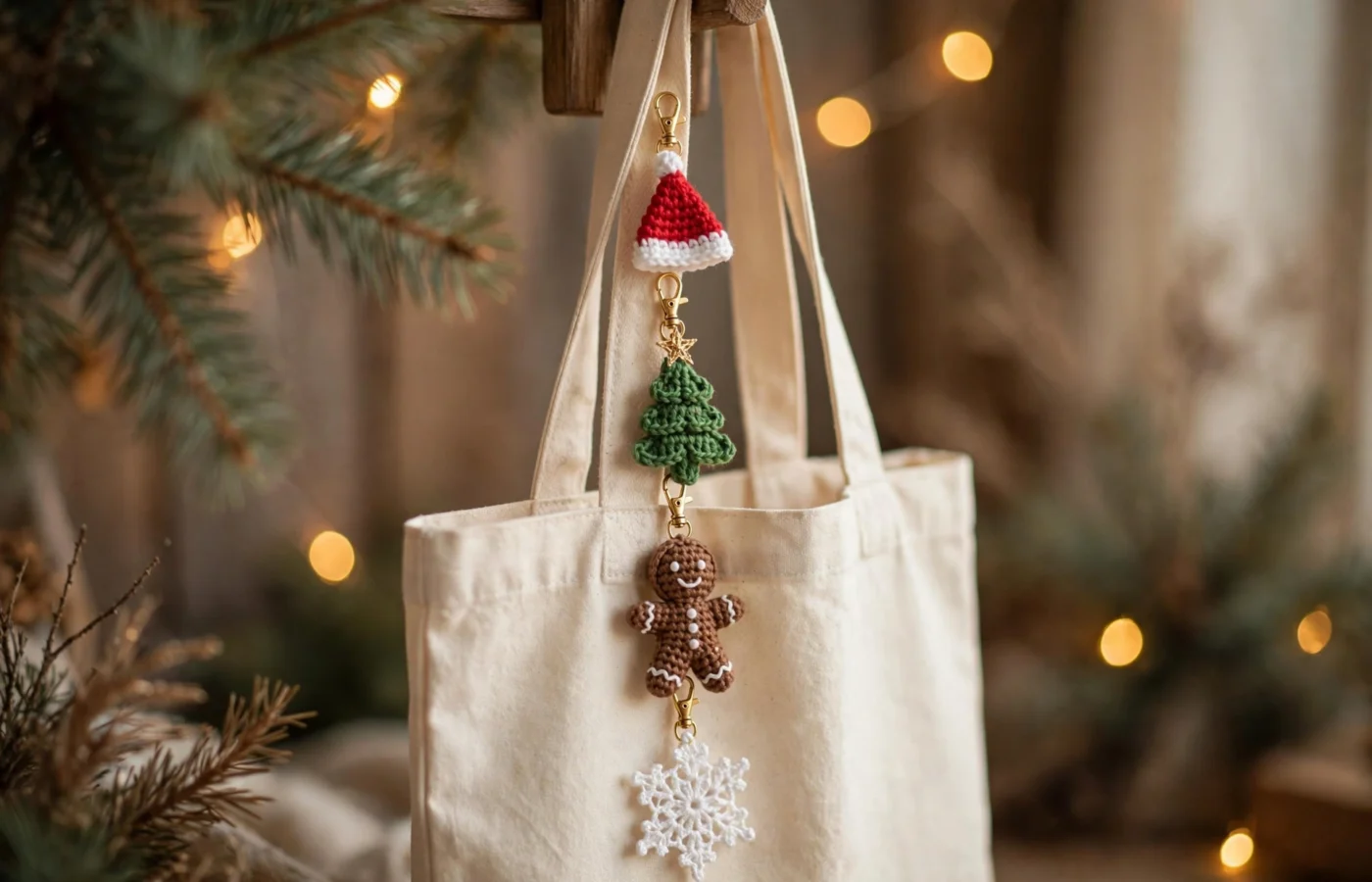 Crochet Christmas bag charms — mini Santa hat, Christmas tree, gingerbread man and snowflake clipped to a tote bag