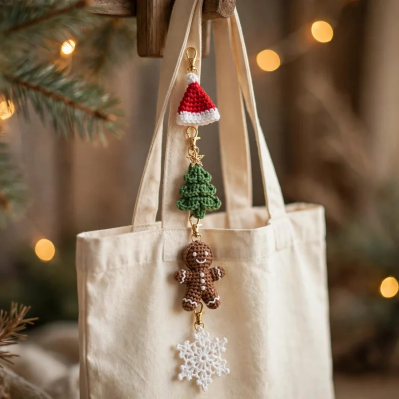 Crochet Christmas bag charms — mini Santa hat, Christmas tree, gingerbread man and snowflake clipped to a tote bag