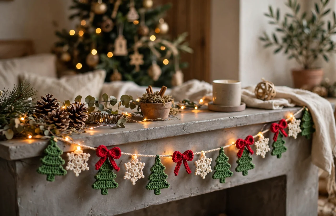 Crochet Christmas garland of small green trees, red bows and cream snowflakes on a mantel with warm fairy lights