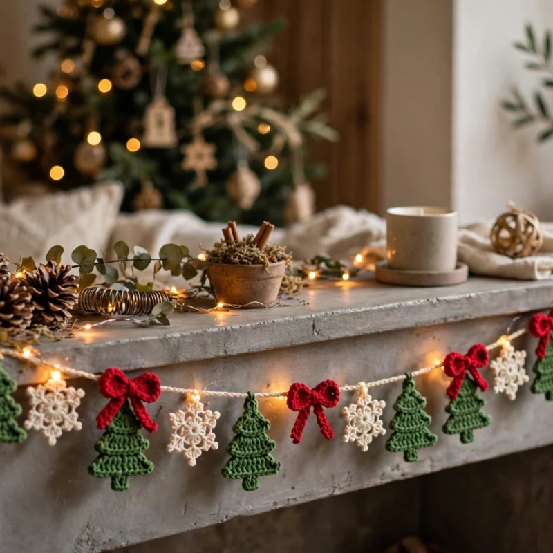 Crochet Christmas garland of small green trees, red bows and cream snowflakes on a mantel with warm fairy lights