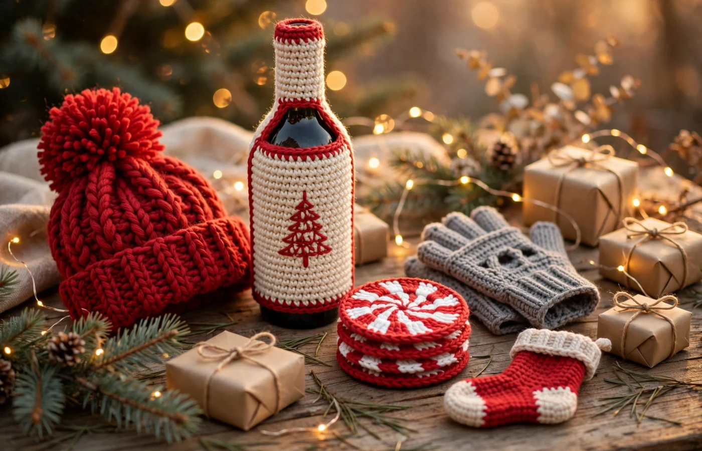 Assorted handmade crochet Christmas gifts — a red beanie, wine bottle cozy with a Christmas tree motif, peppermint swirl coasters, grey fingerless gloves, and a mini stocking — arranged with kraft gift parcels and fairy lights on a wooden table.