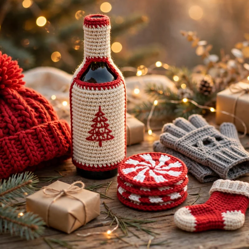 Assorted handmade crochet Christmas gifts — a red beanie, wine bottle cozy with a Christmas tree motif, peppermint swirl coasters, grey fingerless gloves, and a mini stocking — arranged with kraft gift parcels and fairy lights on a wooden table.