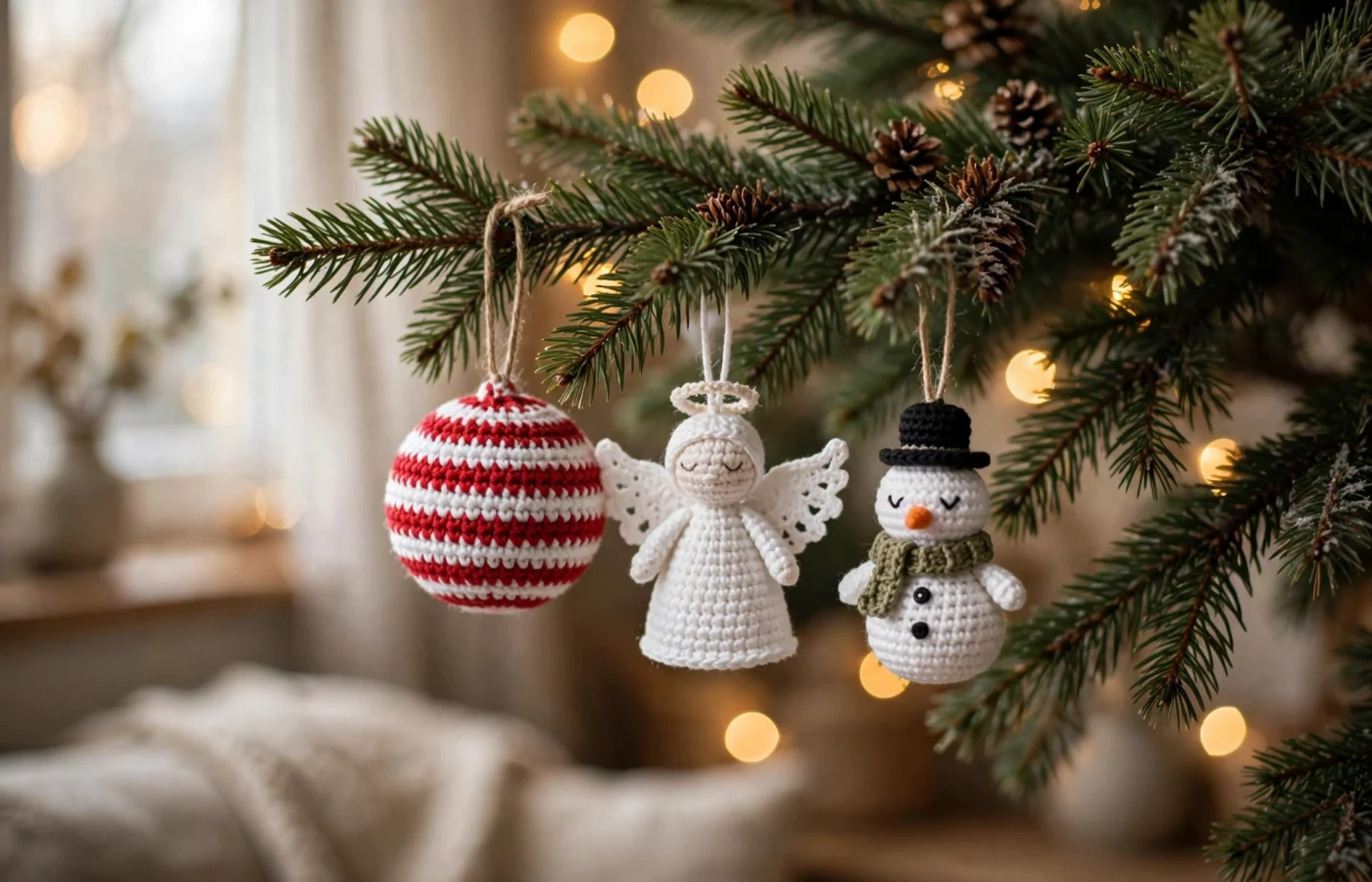 Christmas tree decorated with handmade crocheted ornaments — striped bauble, white angel and snowman among warm fairy lights