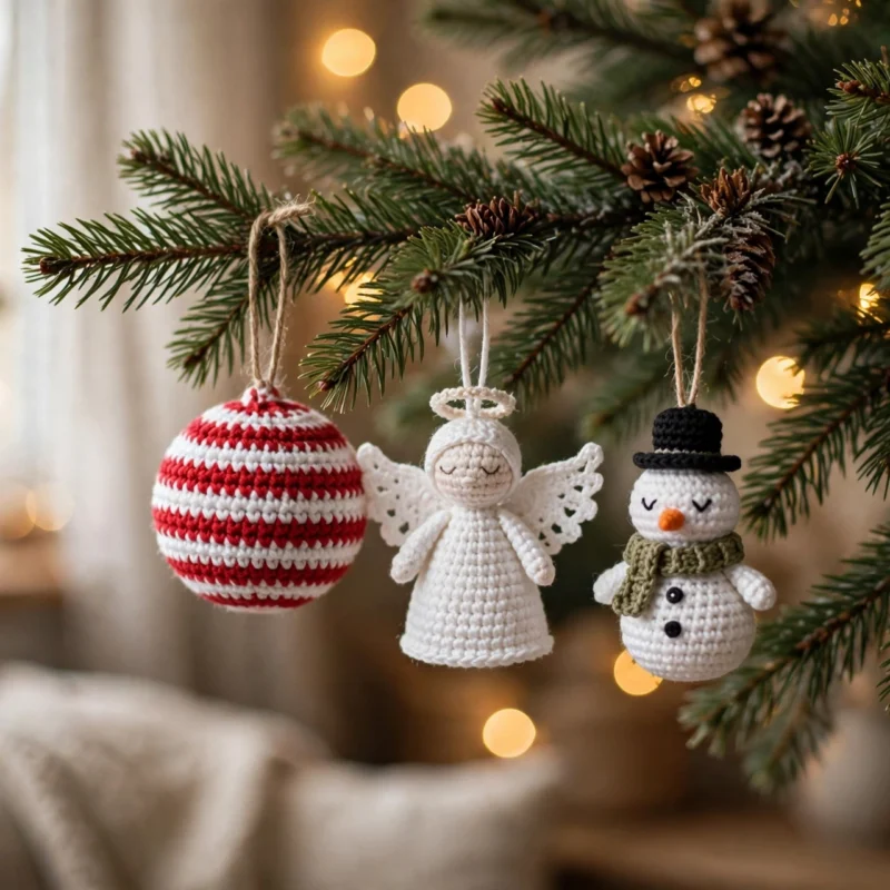 Christmas tree decorated with handmade crocheted ornaments — striped bauble, white angel and snowman among warm fairy lights