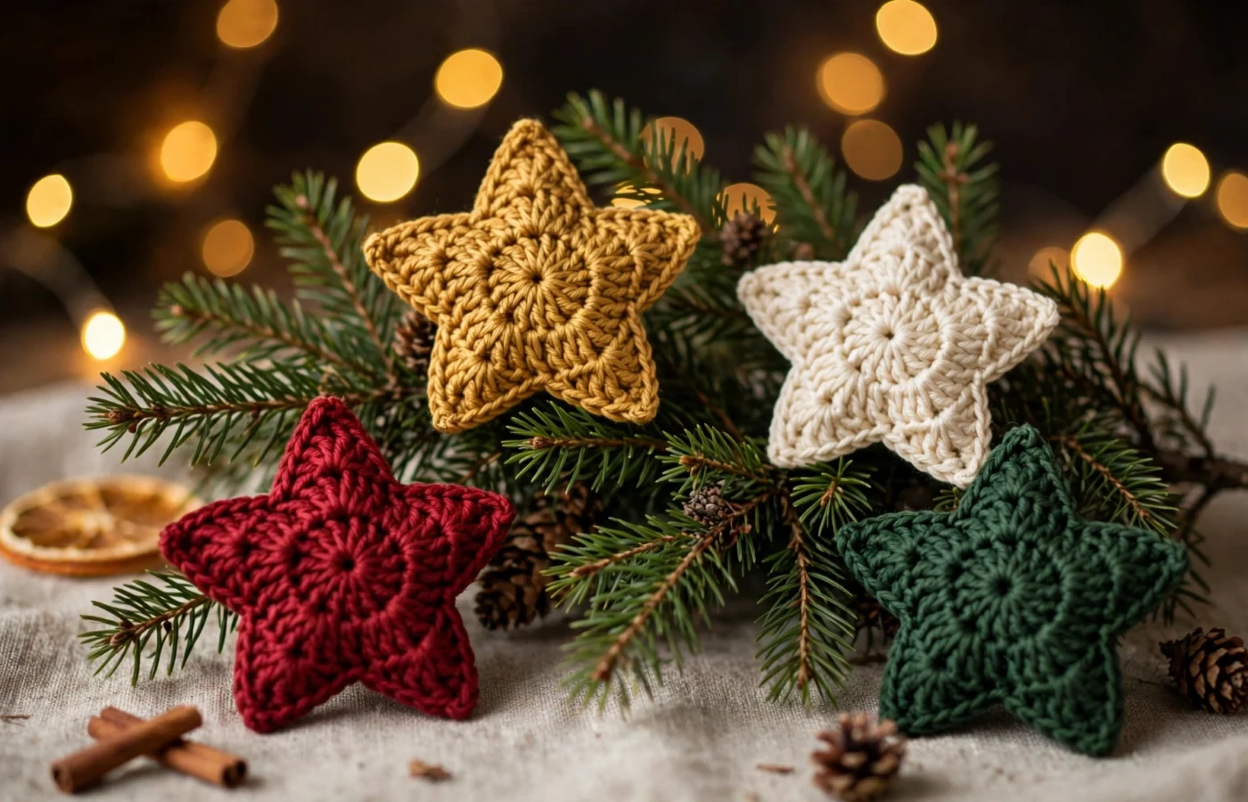 Handmade crochet Christmas star ornaments in red, gold, cream and forest green yarn arranged on evergreen branches with fairy lights