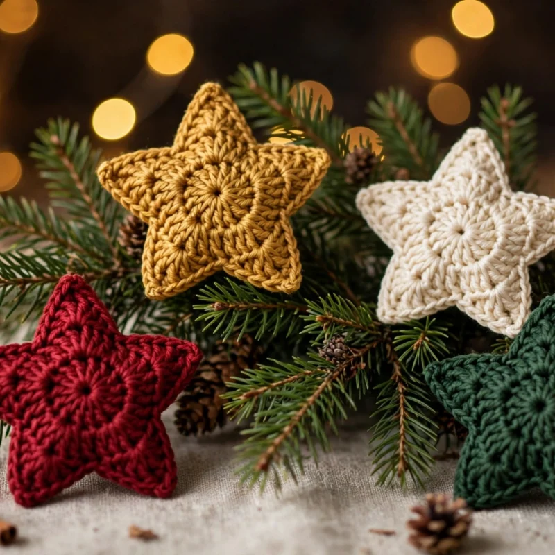 Handmade crochet Christmas star ornaments in red, gold, cream and forest green yarn arranged on evergreen branches with fairy lights