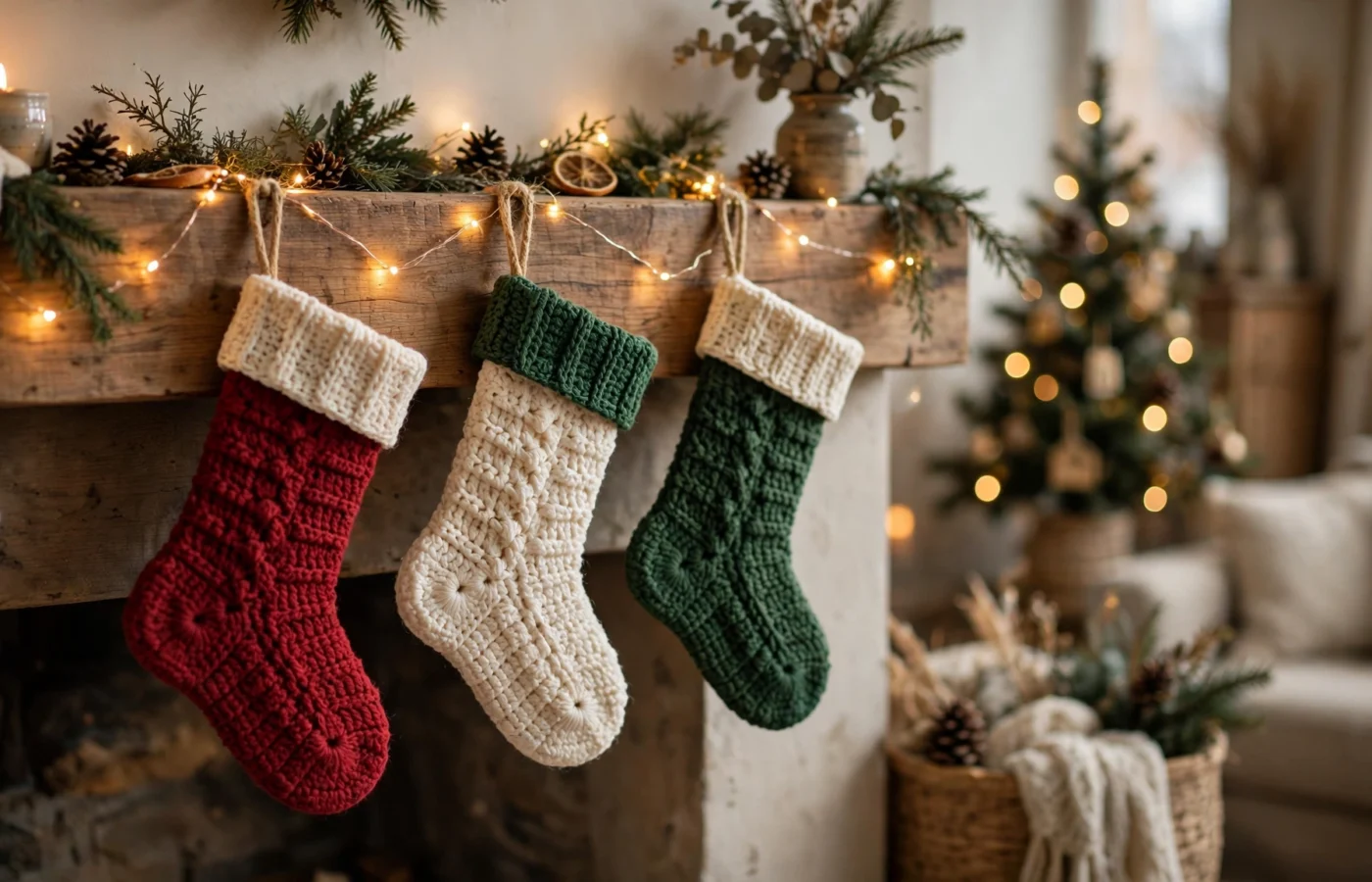 Three crochet Christmas stockings in red, cream and green hanging from a wooden mantel with fairy lights