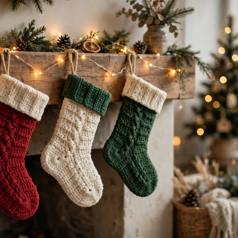 Three crochet Christmas stockings in red, cream and green hanging from a wooden mantel with fairy lights