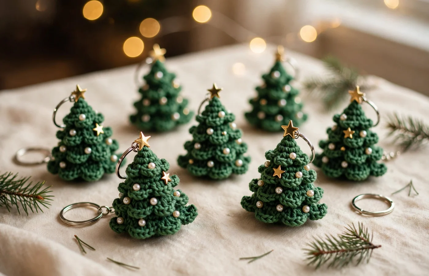 Flat lay of small green crochet Christmas tree keychains with split rings, pearl beads, gold star toppers, pine sprigs and soft golden bokeh lights