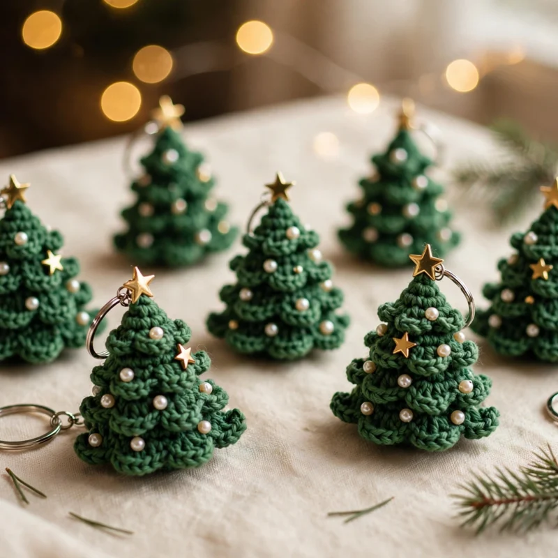 Flat lay of small green crochet Christmas tree keychains with split rings, pearl beads, gold star toppers, pine sprigs and soft golden bokeh lights