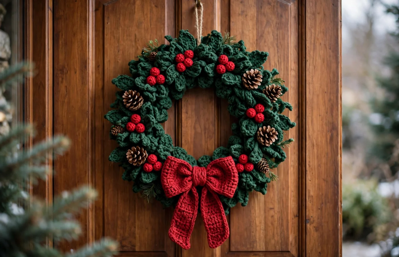 Handmade crochet Christmas wreath with green leaves, red berries, pinecones and a large red bow hanging on a wooden front door