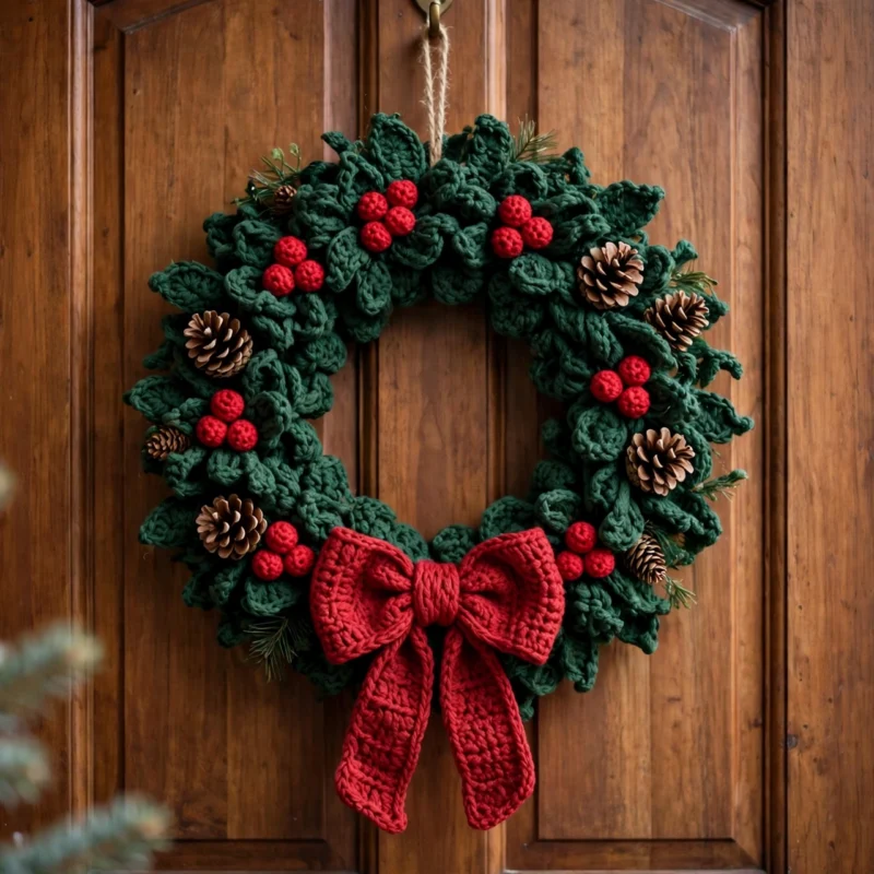 Handmade crochet Christmas wreath with green leaves, red berries, pinecones and a large red bow hanging on a wooden front door