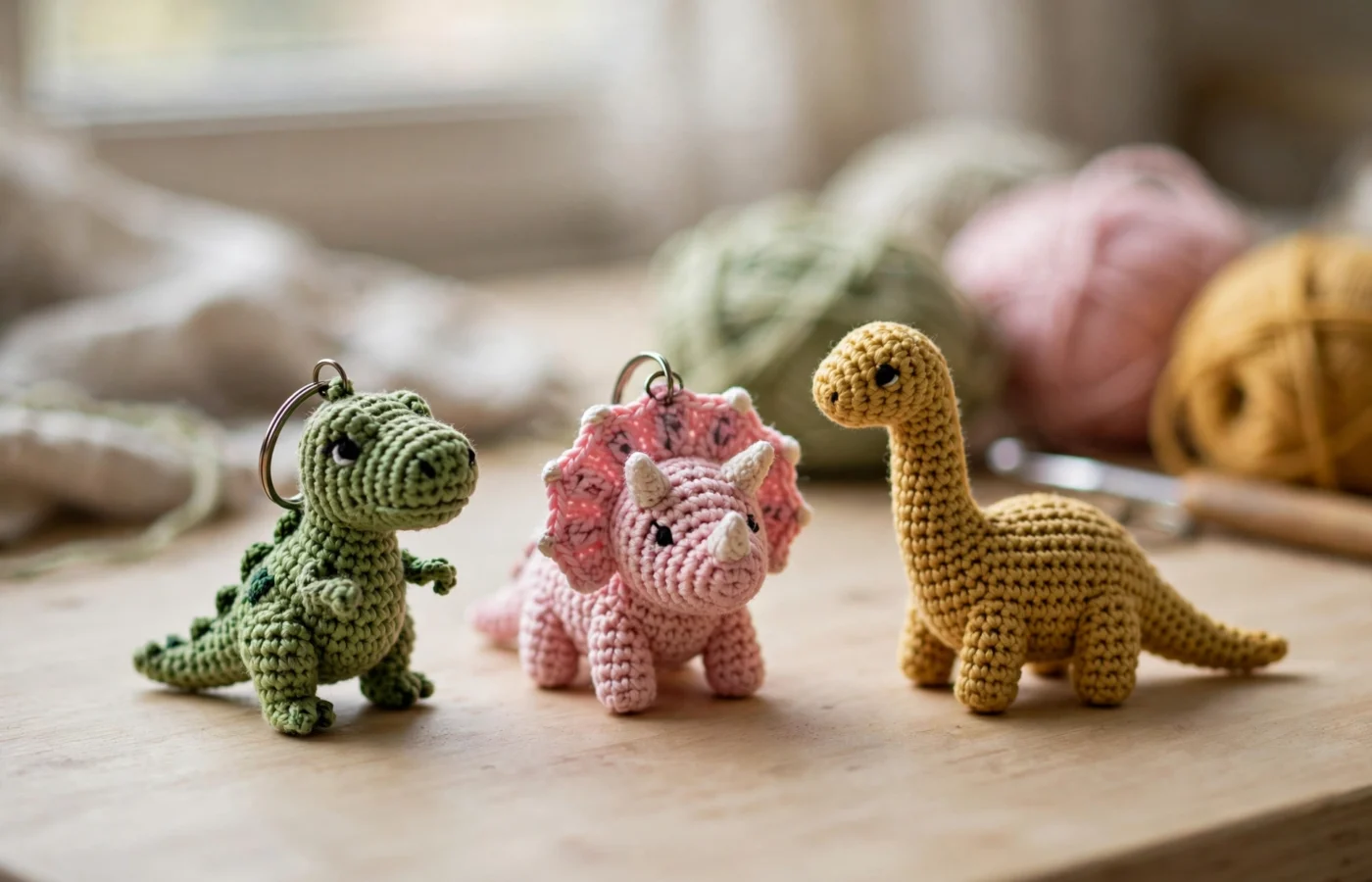 Three crochet dinosaur keychains — a green T-Rex, a pink triceratops and a yellow brontosaurus — on a wooden table with yarn