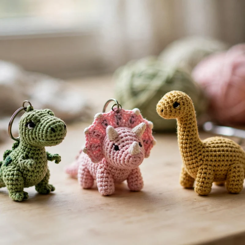 Three crochet dinosaur keychains — a green T-Rex, a pink triceratops and a yellow brontosaurus — on a wooden table with yarn